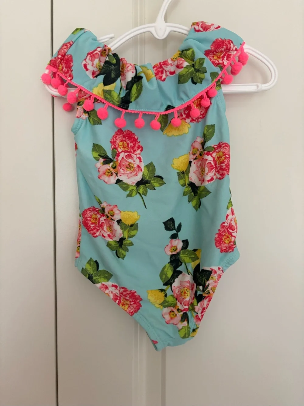Girls Betsey Johnson floral colorful one piece Pom pom swimsuit 2T. Sf/1 cat hom